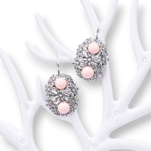 925 Silver Earrings Made in ITALY 18x34mm With Pink Coral Paste 4 Flowers