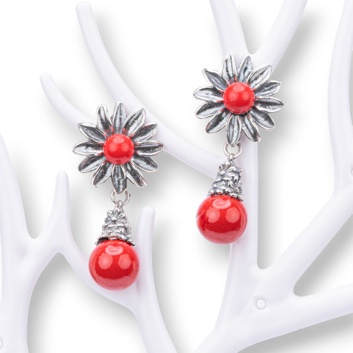 925 Silver Earrings Made in ITALY 18x37mm With Coral Paste 4 Flowers