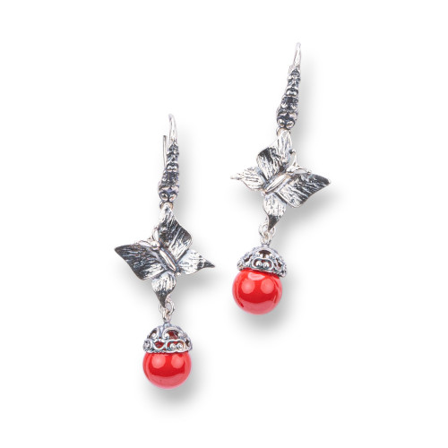 925 Silver Earrings Made in ITALY 19x54mm With Coral Paste 4 Flowers