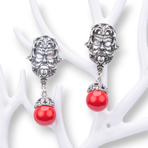 925 Silver Earrings Made in ITALY 22x45mm With Coral Paste 4 Flowers