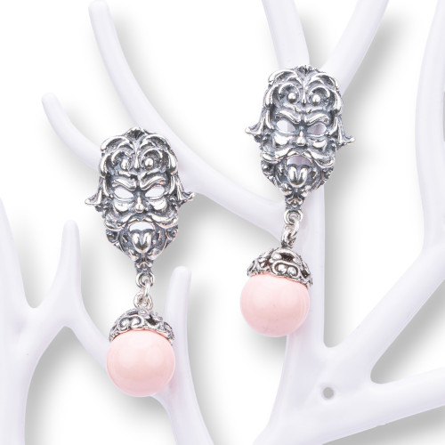 Ohrringe aus 925er Silber, hergestellt in Italien, 22 x 45 mm, mit rosa Korallenpaste und 4 Blumen