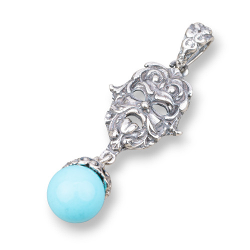 Pendentif en Argent 925 Fabriqué en ITALIE 17x50mm Avec Pâte Turquoise 4 Fleurs