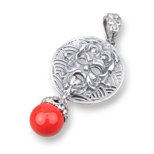 925 Silver Pendant Made in ITALY 22x52mm With Coral Paste 4 Flowers