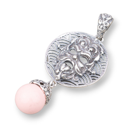 925 Silver Pendant Made in ITALY 22x52mm With Pink Coral Paste 4 Flowers