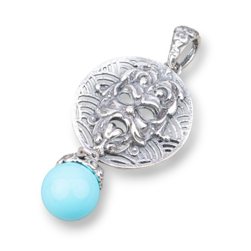 Pendentif en Argent 925 Fabriqué en ITALIE 22x52mm Avec Pâte Turquoise 4 Fleurs