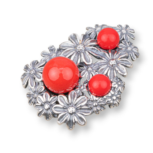 Pendentif en Argent 925 Fabriqué en ITALIE 27x37mm Avec Pâte de Corail 4 Fleurs