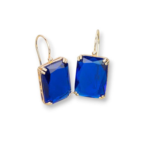 Bronze Leverback Earrings with Rectangle Crystals Set 15x33mm Blue