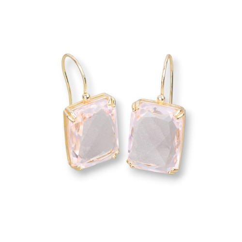 Bronze Hook Earrings with Rectangle Crystals Set 15x33mm Light Pink