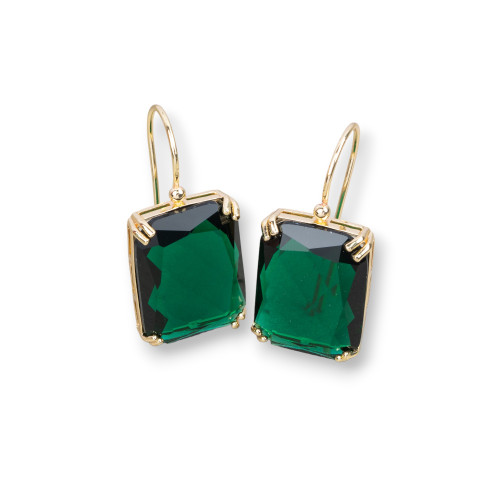 Bronze Hook Earrings With Rectangle Crystals Set 15x33mm Emerald Green
