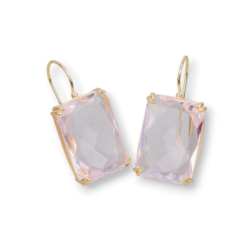 Bronze Lever Earrings with Rectangle Crystals Set 18x38mm Light Pink