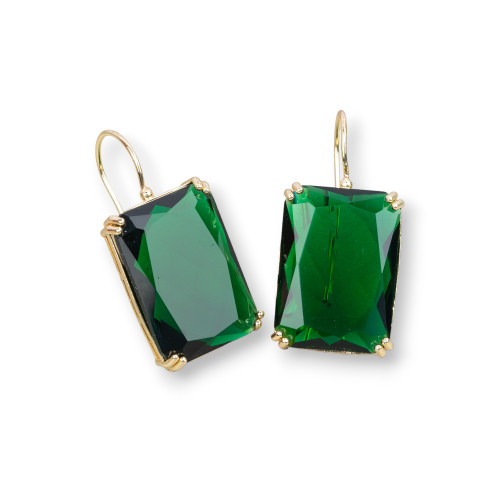 Bronze Lever Earrings with Rectangle Crystals Set 18x38mm Emerald Green