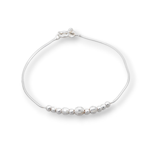 Bracciale Di Argento 925 Con Catena Cobra E Sfere Sfaccettate 3-5mm Lungo 19cm 1pz Argentato