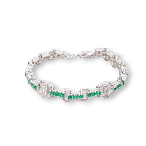 Amelia 925 Silver Bracelet With Baguette Zircon And Oval Link Width 9mm Length 16.5cm 3cm Rhodium Plated Emeral Green