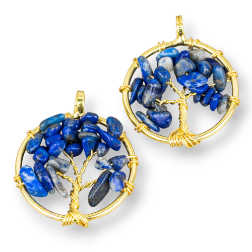 Tree of Life Pendant with Semi-precious Stones 30mm 4pcs Golden Lapis Lazuli