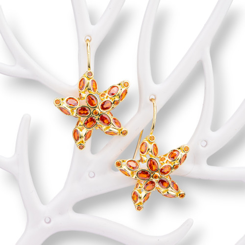 Bronze Leverback Earrings with Starfish and Zircons Set 25x35mm Orange