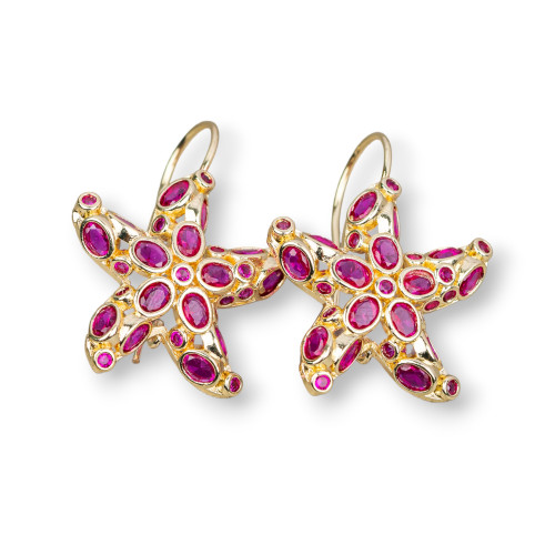 Bronze Leverback Earrings with Starfish and Zircons Set 25x35mm Ruby Red