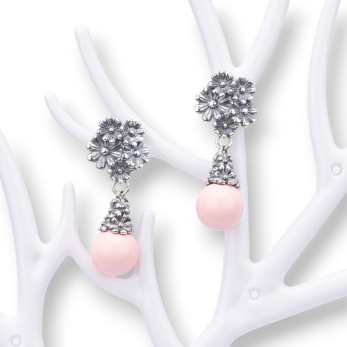 925 Silver Earrings Made in ITALY 13x32mm With Pink Coral Paste 4 Flowers
