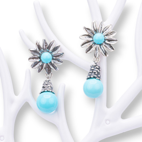 925 Silver Earrings Made in ITALY 18x37mm With Turquoise Paste 4 Flowers