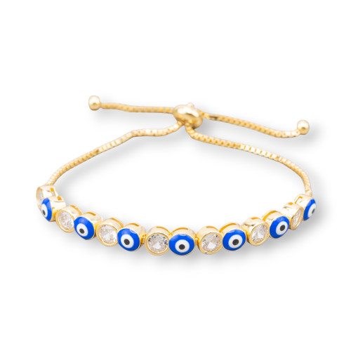 925 Silver Bracelet with Allah's Eye and 5mm Zircons with Adjustable Size Golden Blue