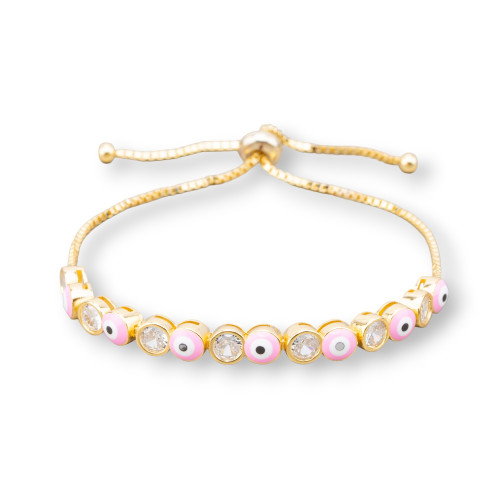 Bracciale Di Argento 925 Con Occhio Di Allah e Zirconi 5mm Con Misura Regolabile Dorato Rosa