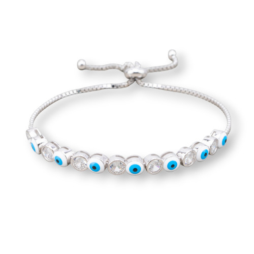 925 Silver Bracelet With Eye Of Allah And 5mm Zircons With Adjustable Size Rhodium Plated Light Blue