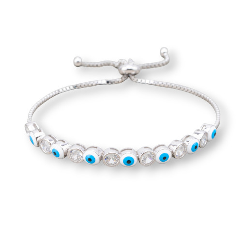 Bracelet en argent 925 avec oeil d'Allah et zircons de 5 mm avec taille réglable plaqué rhodium bleu clair