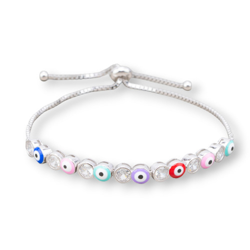 Bracciale Di Argento 925 Con Occhio Di Allah e Zirconi 5mm Con Misura Regolabile Rodiato Multicolor