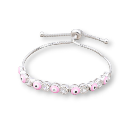925 Silver Bracelet With Allah's Eye and 5mm Zircons With Adjustable Size Pink Rhodium Plated