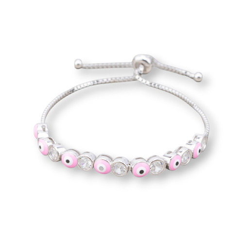 Bracciale Di Argento 925 Con Occhio Di Allah e Zirconi 5mm Con Misura Regolabile Rodiato Rosa