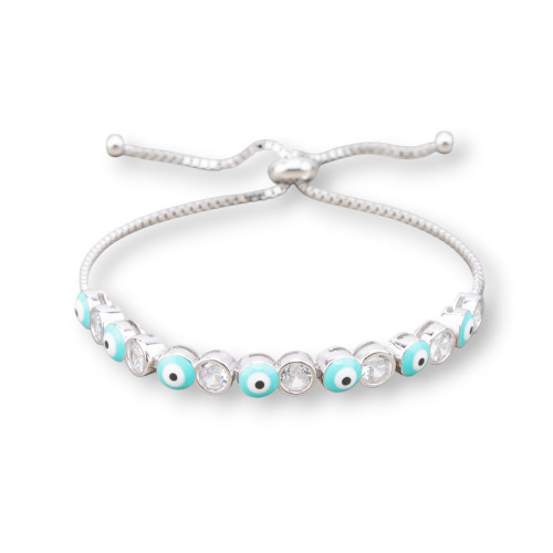 Pulsera De Plata 925 Con Ojo De Alá Y Circonitas De 5 Mm Con Tamaño Regulable Rodiada Verde Agua