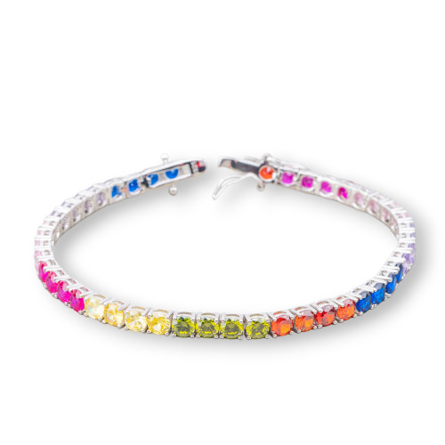 925 Silver Tennis Bracelet With 4.0mm Round Zircon Length 18.5cm Multicolor Rhodium Plated