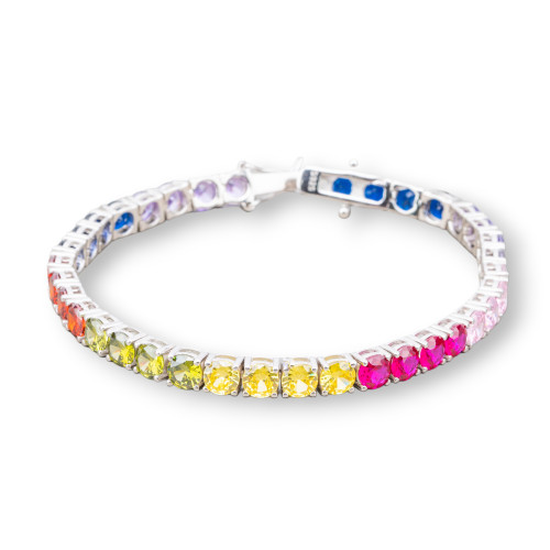Bracelet Tennis En Argent 925 Avec Zircon Rond De 5,0mm Longueur 18,5cm Multicolore Plaqué Rhodium