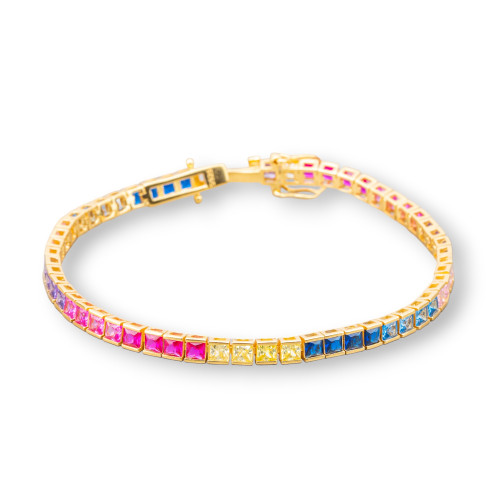 Bracciale Di Argento 925 Tennis Con Zirconi Quadrati da 4mm Lunghezza 18,5cm Multicolor Gradiente Dorato