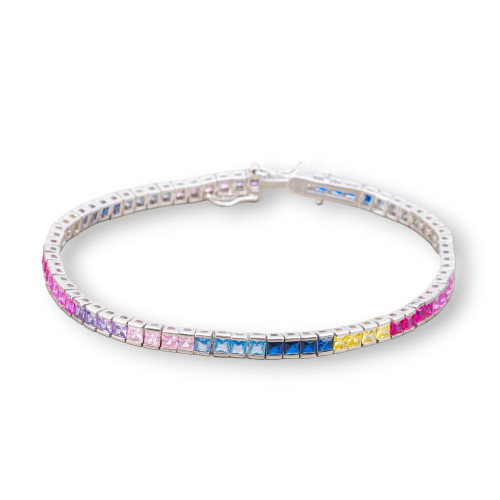 Bracelet Tennis Argent 925 Avec Zircons Carrés 4mm Longueur 18.5cm Dégradé Multicolore Plaqué Rhodium