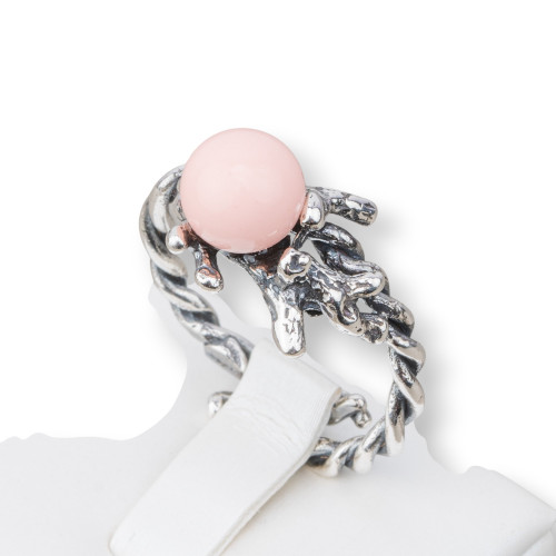 925 Silver Ring Made in ITALY 22x30mm Adjustable Size With Pink Coral Paste 4 Flowers