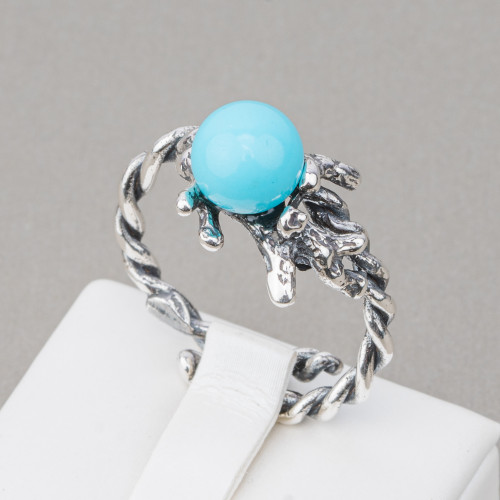 925 Silver Ring Made in ITALY 22x30mm Adjustable Size With Turquoise Paste 4 Flowers