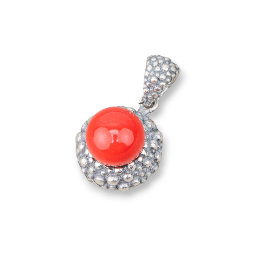 925 Silver Pendant Made in ITALY 14x26mm With Coral Paste 4 Flowers