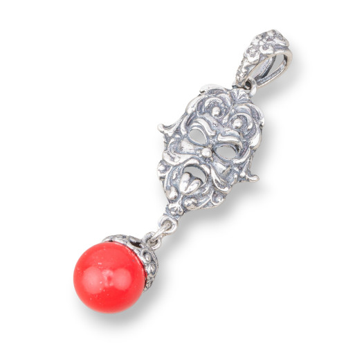 925 Silver Pendant Made in ITALY 17x50mm With Coral Paste 4 Flowers