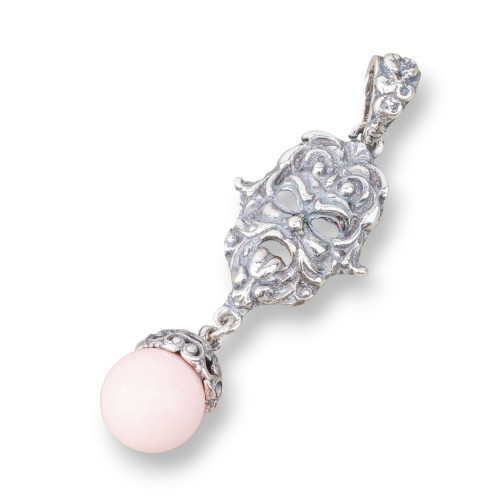 Pendente Di Argento 925 Made in ITALY 17x50mm Con Pasta Di Corallo Rosa 4Fiori