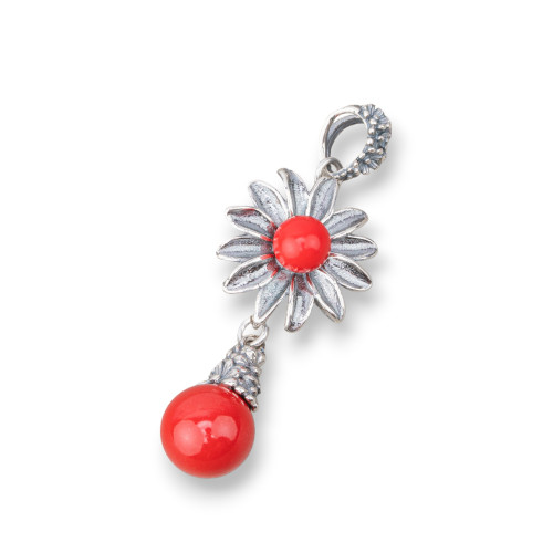 925 Silver Pendant Made in ITALY 18x48mm With Coral Paste 4 Flowers