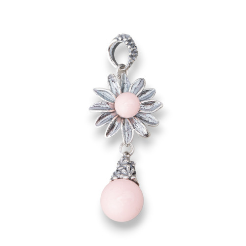 Pendentif en Argent 925 Fabriqué en ITALIE 18x48mm Avec Pâte de Corail Rose 4 Fleurs