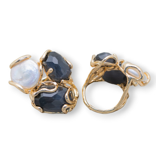 Bronze Ring With Cat's Eye 32x36mm Adjustable Size With Gray Golden River Pearls