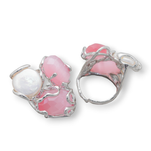 Bronze Ring With Cat's Eye 32x36mm Adjustable Size With Pink Rhodium Plated River Pearls