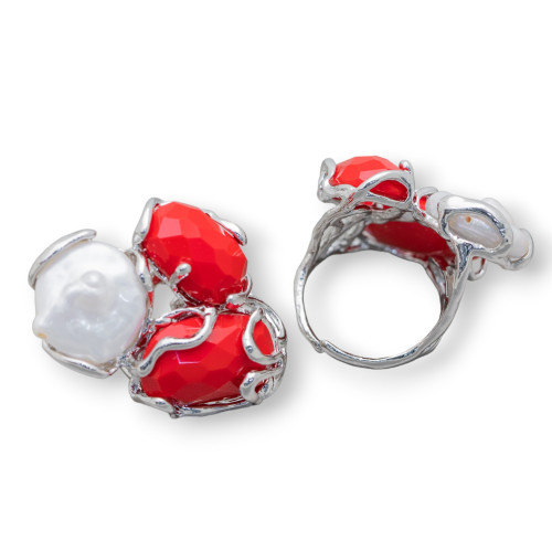 Bronze Ring With Cat's Eye 32x36mm Adjustable Size With Red Rhodium Plated River Pearls