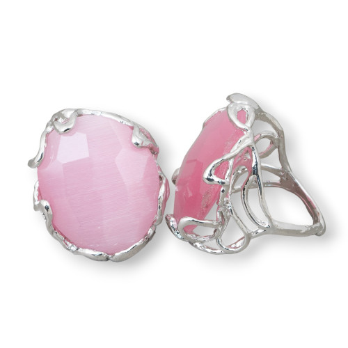 Bronze Ring With Irregular Cat's Eye 28x32mm Adjustable Size Pink Rhodium Plated