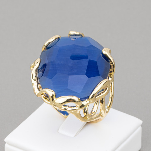 Bronze Ring With Irregular Cat's Eye 28x32mm Adjustable Size Golden Blue