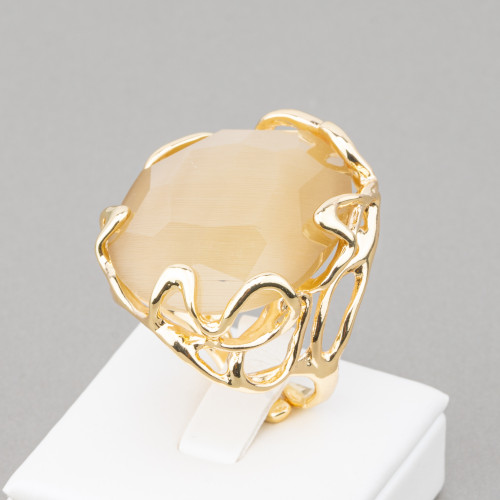 Anillo Bronce Con Ojo De Gato Irregular 28x32mm Tamaño Ajustable Ocre Dorado