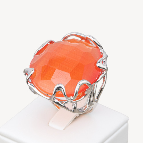 Bronze Ring With Irregular Cat's Eye 28x32mm Adjustable Size Rhodium Plated Orange