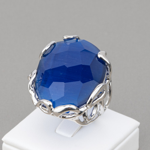Bague Bronze Oeil de Chat Irrégulier 28x32mm Taille Ajustable Plaqué Rhodié Bleu