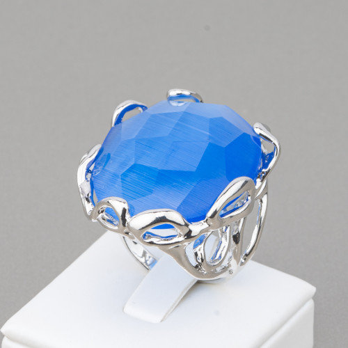 Bronze Ring With Irregular Cat's Eye 28x32mm Adjustable Size Rhodium Plated Light Blue
